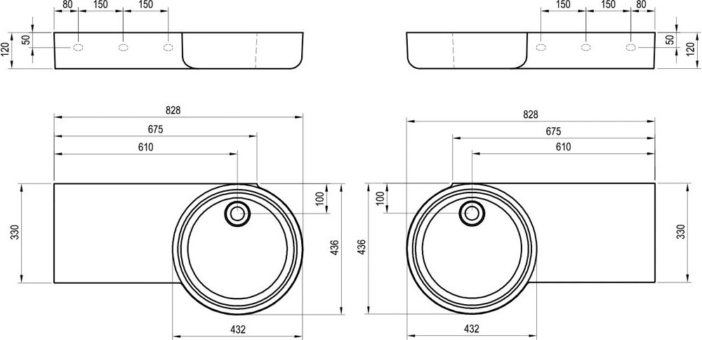 Умывальник ARC 83/43 L/R, без отверстия