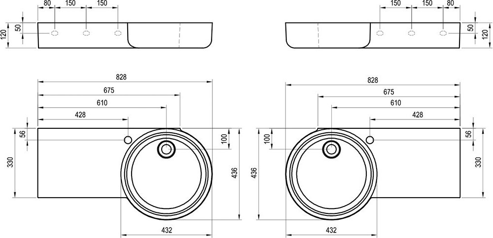 Умывальник ARC 83/43 L/R, с отверстием под смеситель