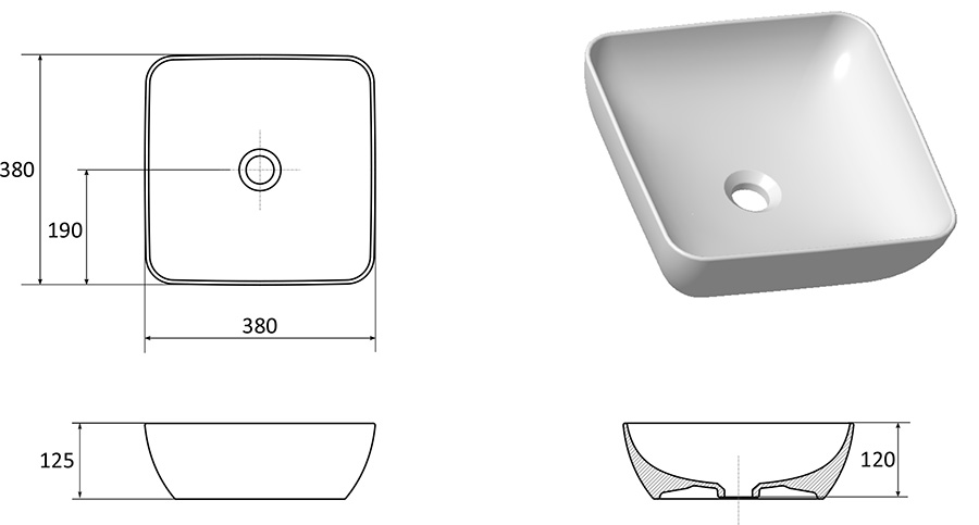 Керамический умывальник UNI 380 S&nbsp;SLIM